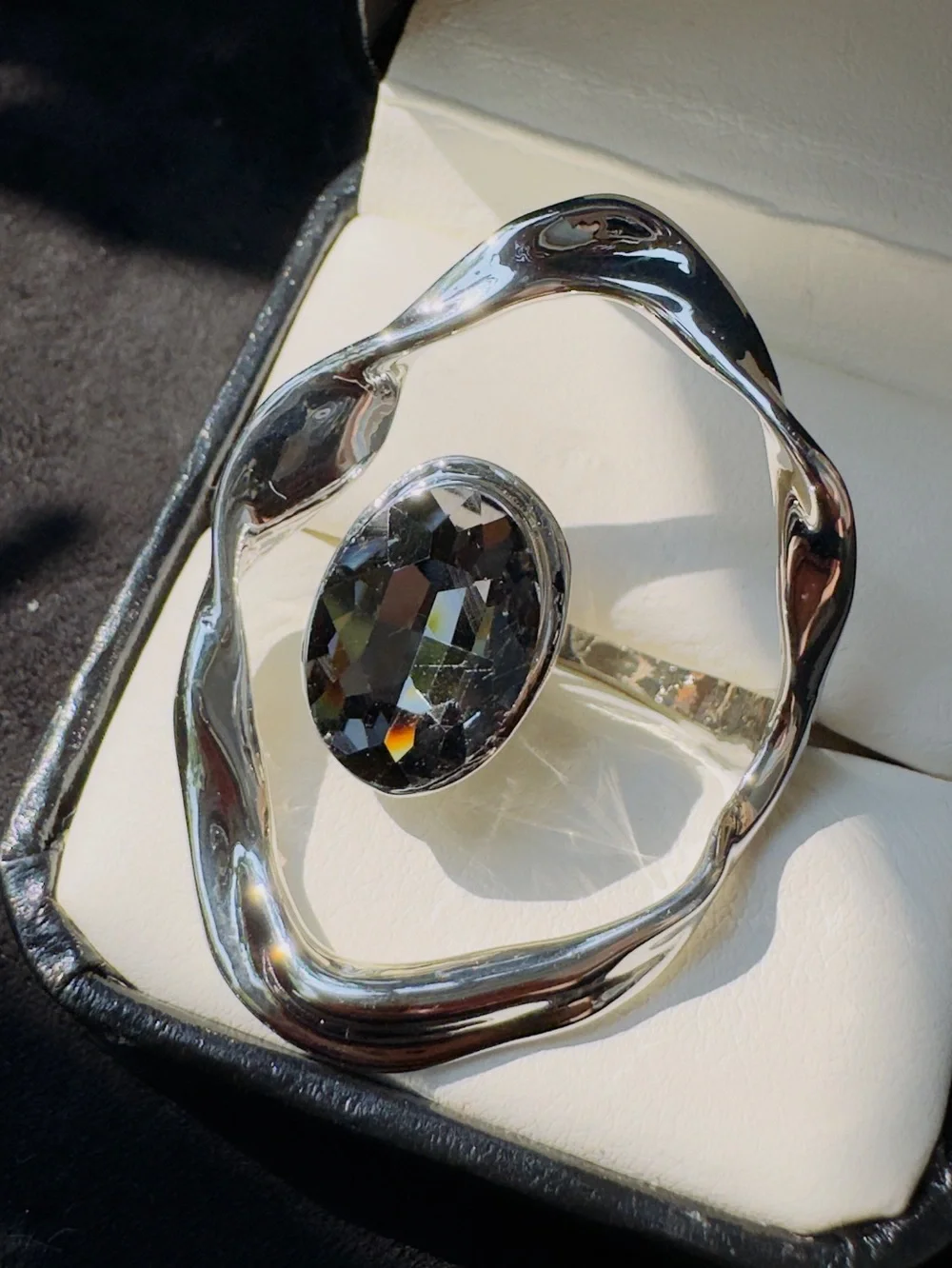 Silver-Tone Statement Ring with Grey Faceted Oval Crystal